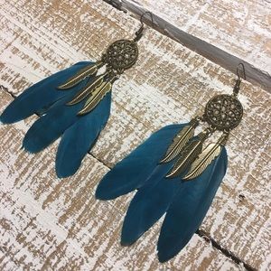 Vintage Style Teal Feather Dreamcatcher Earrings